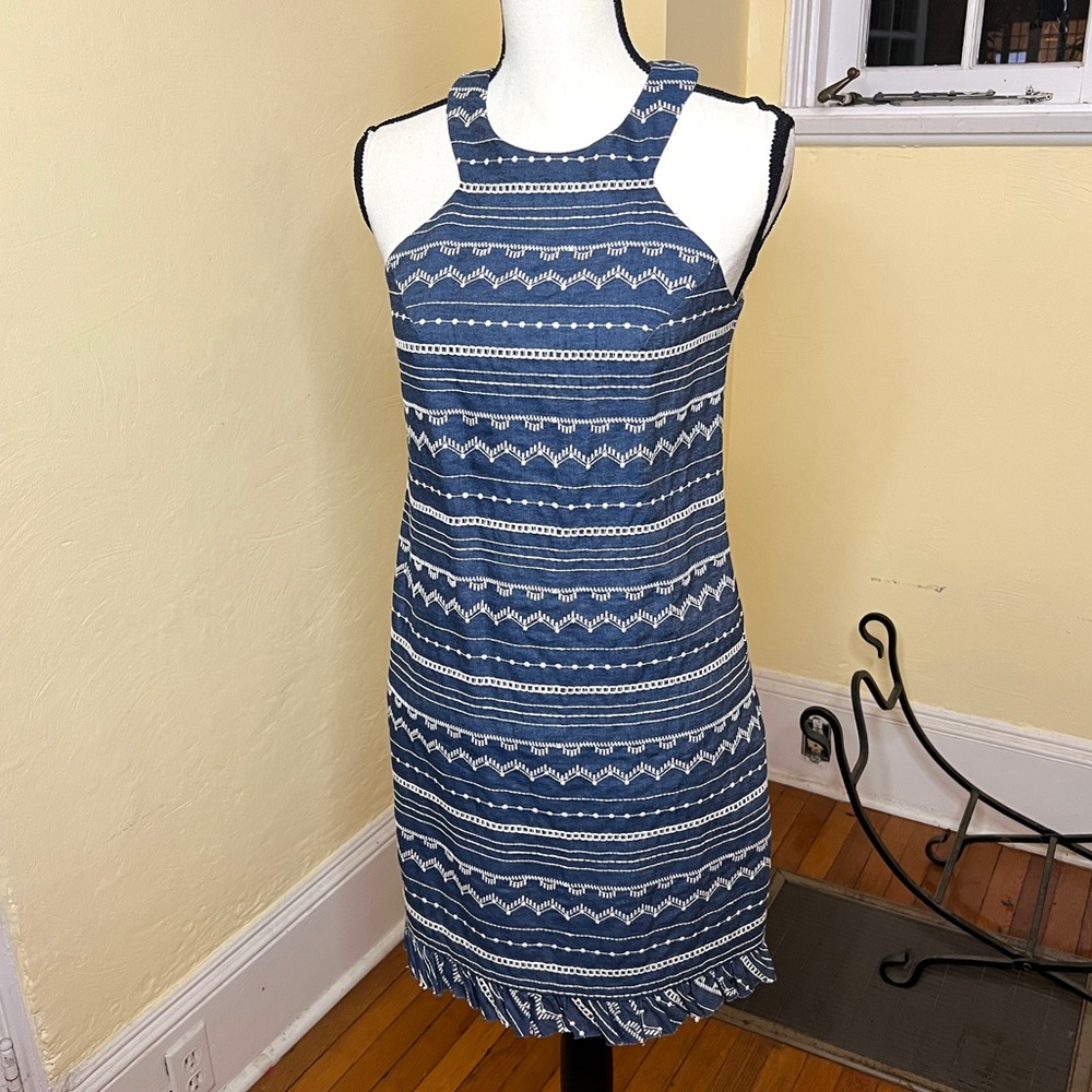 TRINA TURK blue mini dress. Halter style keyhole back. White embroidery Size 0